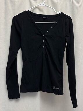 Guess Black Long-Sleeve V-Neck Top with Button Accent